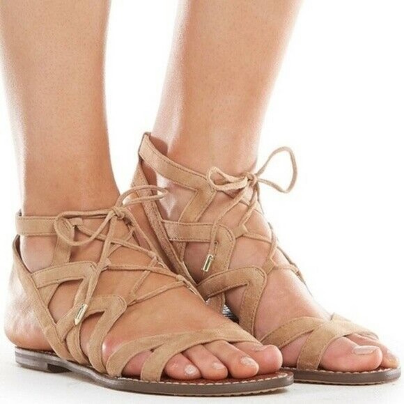 Sam Edelman GEMMA Sandal Caged Beige Tan Suede Gladiator Strappy Flat Op… - Picture 1 of 7